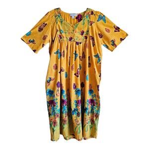 ONLY NECESSITIES Plus 18 20 Lounge Dress Mumu Midi Yellow Butterflies Bust 44"